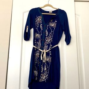 Blue dress with white embellishments, tie around waist